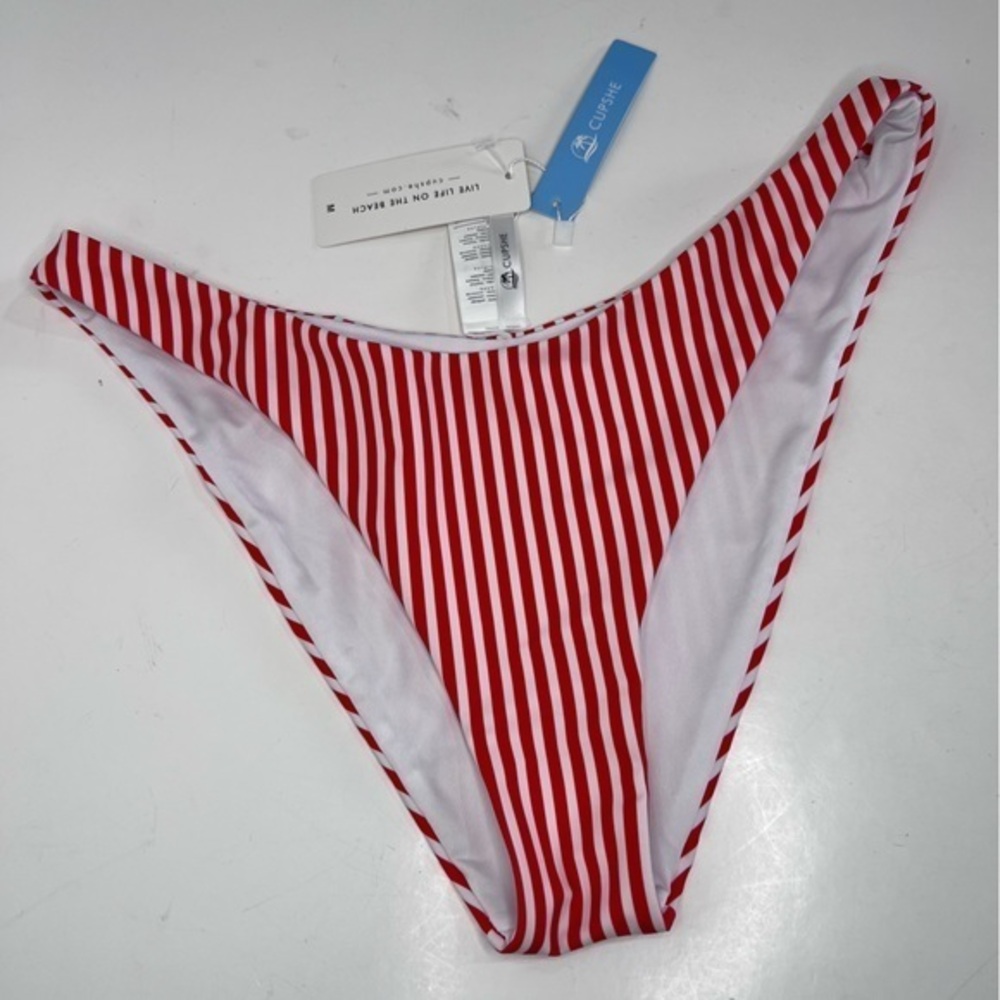 Cupshe Red & White Nautical Striped Reversible Cheeky Swim Bikini Bottom New M